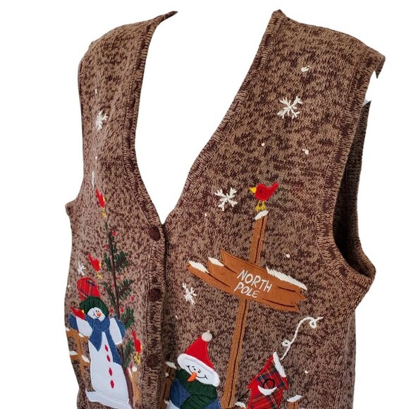 Christmas Holiday Sweater Vest Women's L Embroidered Applique Knit Button Front - Picture 3 of 12